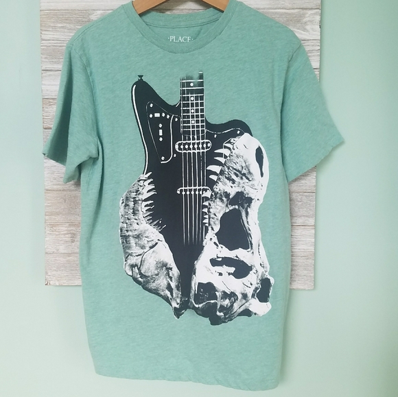 PLACE Boys Green Guitar vs Dino Skeleton Tee 10/12